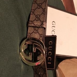 Gucci Black Monogram Belt with Silver Buckle